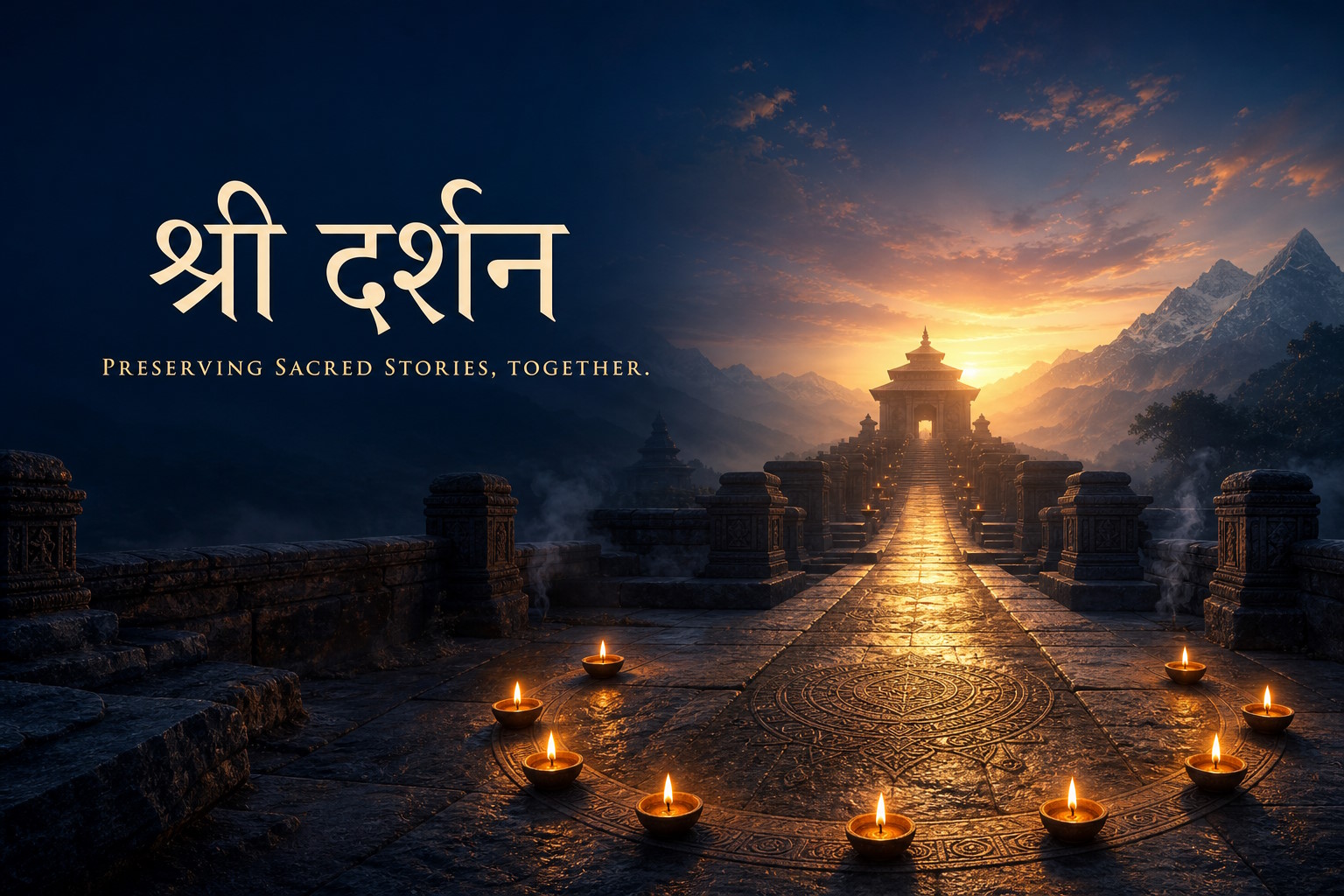 A golden path through nine lamps leading to a temple at dawn
